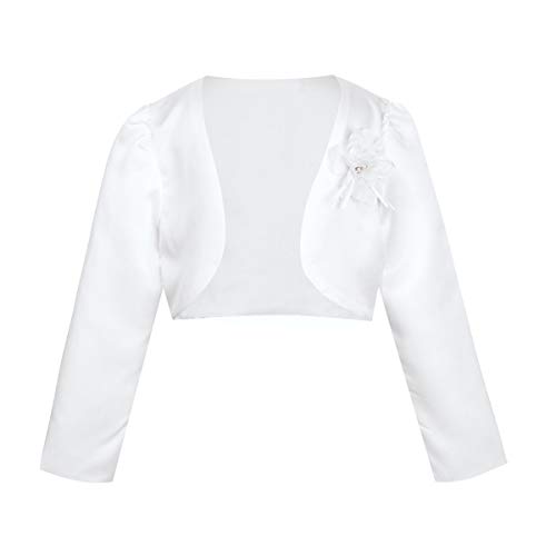 TiaoBug Kinder Mädchen Bolero festlich Satin Strickjacke Bauchfreie Schulterjacke Blumenmädchen Party Hochzeit Weiß 110-116 von TiaoBug