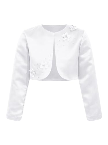 TiaoBug Kinder Mädchen Bolero festlich Satin Strickjacke Bauchfreie Schulterjacke Blumenmädchen Party Hochzeit Weiß J 134-140 von TiaoBug