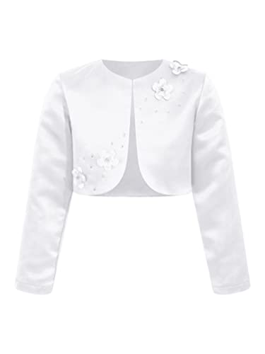 TiaoBug Kinder Mädchen Bolero festlich Satin Strickjacke Bauchfreie Schulterjacke Blumenmädchen Party Hochzeit Weiß J 146-152 von TiaoBug