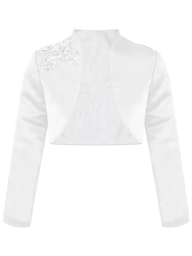 TiaoBug Kinder Mädchen Bolero festlich Satin Strickjacke Bauchfreie Schulterjacke Blumenmädchen Party Hochzeit Weiß K 122-128 von TiaoBug