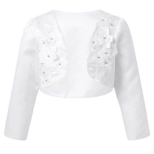 TiaoBug Kinder Mädchen Bolero festlich Satin Strickjacke Bauchfreie Schulterjacke Blumenmädchen Party Hochzeit gr. 74-152 Weiß B 116-122 von TiaoBug