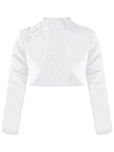 TiaoBug Kinder Mädchen Langarm Bolero Strickjacke Weiß festlich Schulterjacke Bauchfreie Perle Jacke Taufe Kommunion Hochzeit Gr. 92-140 Weiß A 170-176 von TiaoBug