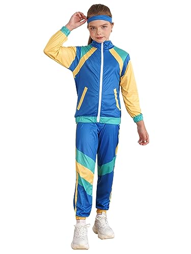 TiaoBug Kinder Trainingsanzug 80er 90er Jahre Outfit Mädchen Jungen Sportanzug Jogginganzug mit Farbblock Jacke mit Hose und Stirnband 3 Pcs Sportbekleidung Blau 152-164 von TiaoBug