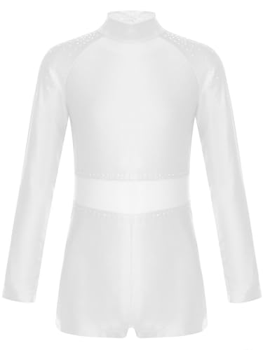 TiaoBug Kinder Turnanzug für Mädchen Gymnastikanzug Langarm Rollkragen Body Ballett Trikot Tanz Anzug mit Bein Mesh Glitzer Leotard Wettbewerb Kostüm Weiß 146-152 von TiaoBug