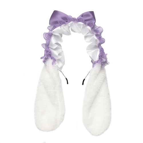 TiaoBug Lolita Haarreif Kaninchenohren Haarband mit Clips für Maid Anime Thematische Party Lila 3 One Size von TiaoBug
