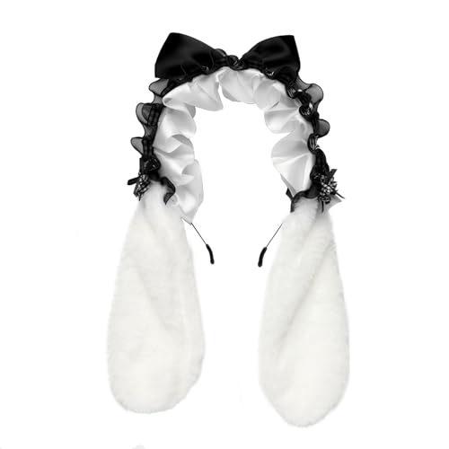 TiaoBug Lolita Haarreif Kaninchenohren Haarband mit Clips für Maid Anime Thematische Party Schwarz 3 One Size von TiaoBug