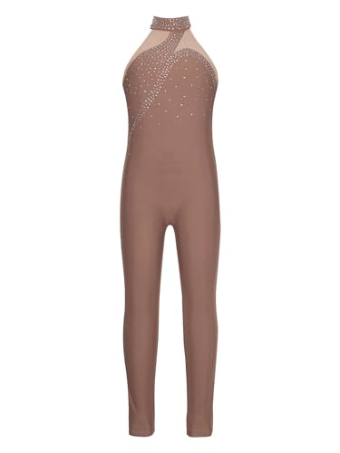 TiaoBug Mädchen Ärmellos Turnanzug Ganzkörper Gymnastikanzug Glitzer Ballettanzug Ballett Trikot Tanz Body Lange Hose Leggings Ballettkleidung Braun J 122-128 von TiaoBug