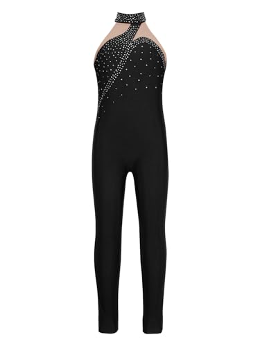 TiaoBug Mädchen Ärmellos Turnanzug Ganzkörper Gymnastikanzug Glitzer Ballettanzug Ballett Trikot Tanz Body Lange Hose Leggings Ballettkleidung Schwarz J 158-164 von TiaoBug