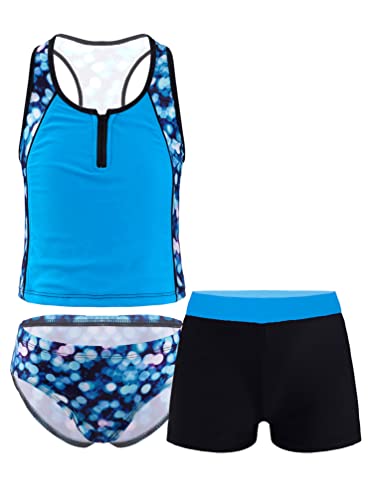 TiaoBug Mädchen Badeanzug 3pcs Tankini Bikini Sets - Badeshirt Oberteil + Badehose + Biniki Slip Shorts Kinder Schwimmanzug Badebekleidung gr. 92-152 Blau B 134-140 von TiaoBug