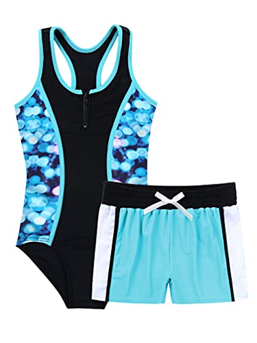 TiaoBug Mädchen Badeanzug 3pcs Tankini Bikini Sets - Badeshirt Oberteil + Badehose + Biniki Slip Shorts Kinder Schwimmanzug Badebekleidung gr. 92-152 Blau H 170-176 von TiaoBug