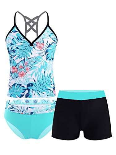 TiaoBug Mädchen Badeanzug 3pcs Tankini Bikini Sets - Badeshirt Oberteil + Badehose + Biniki Slip Shorts Kinder Schwimmanzug Badebekleidung gr. 92-152 Grün Palme 146-152 von TiaoBug