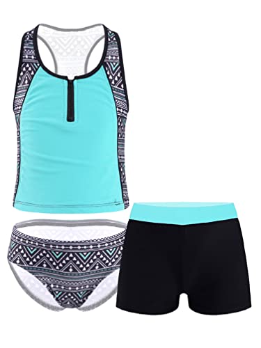 TiaoBug Mädchen Badeanzug 3pcs Tankini Bikini Sets - Badeshirt Oberteil + Badehose + Biniki Slip Shorts Kinder Schwimmanzug Badebekleidung gr. 92-152 Mint Grün B 158-164 von TiaoBug