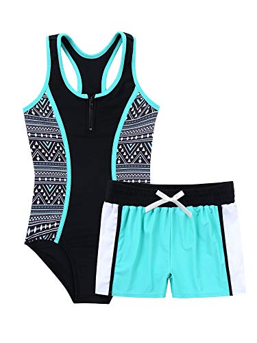 TiaoBug Mädchen Badeanzug 3pcs Tankini Bikini Sets - Badeshirt Oberteil + Badehose + Biniki Slip Shorts Kinder Schwimmanzug Badebekleidung gr. 92-152 Mint Grün D 158-164 von TiaoBug