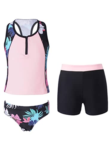 TiaoBug Mädchen Badeanzug 3pcs Tankini Bikini Sets - Badeshirt Oberteil + Badehose + Biniki Slip Shorts Kinder Schwimmanzug Badebekleidung gr. 92-152 Rosa C 170-176 von TiaoBug