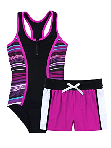 TiaoBug Mädchen Badeanzug 3pcs Tankini Bikini Sets - Badeshirt Oberteil + Badehose + Biniki Slip Shorts Kinder Schwimmanzug Badebekleidung gr. 92-152 Rose Rot H 170-176 von TiaoBug