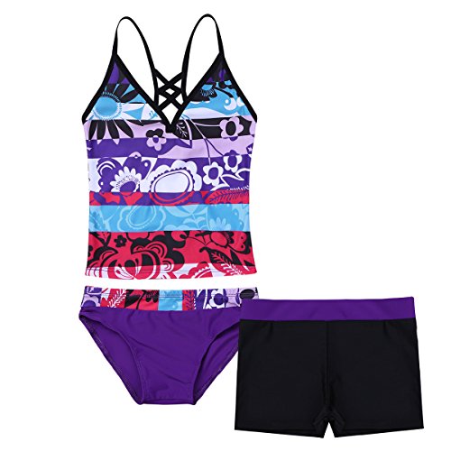 TiaoBug Mädchen Badeanzug 3pcs Tankini Bikini Sets - Badeshirt Oberteil + Badehose + Biniki Slip Shorts Kinder Schwimmanzug Badebekleidung gr. 92-152 Violett 104-110 von TiaoBug