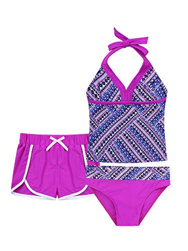 TiaoBug Mädchen Badeanzug 3pcs Tankini Bikini Sets - Badeshirt Oberteil + Badehose + Biniki Slip Shorts Kinder Schwimmanzug Badebekleidung gr. 92-152 Violett D 158-164 von TiaoBug