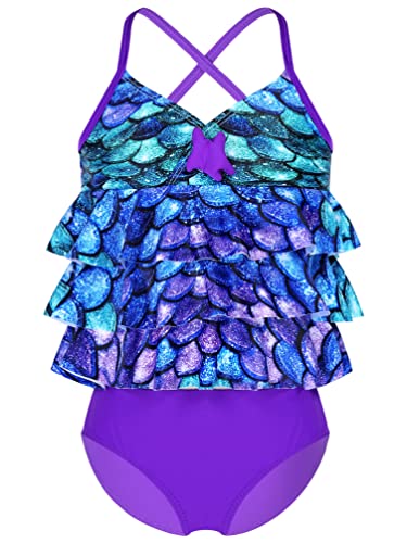TiaoBug Mädchen Badeanzug Bademode Tankini Bikini Set Tank Top Rüschen Slip Meerjungfrau Cosplay Kostüm Badebekleidung für Kinder gr. 98 104 116 128 140 152 164 Dunkel Lila 164 von TiaoBug