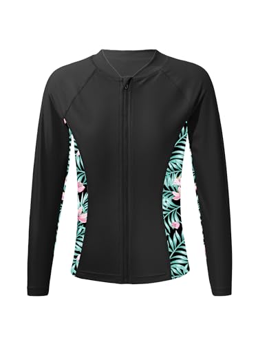 TiaoBug Mädchen Badeshirts Langarm Schwimmshirt mit Reisverschluss UV Schutz Rash Guard Tauchshirt Surfshirt Tankini Oberteil Schnelltrockendes Sommer T-Shirt Schwarz B 146-152 von TiaoBug