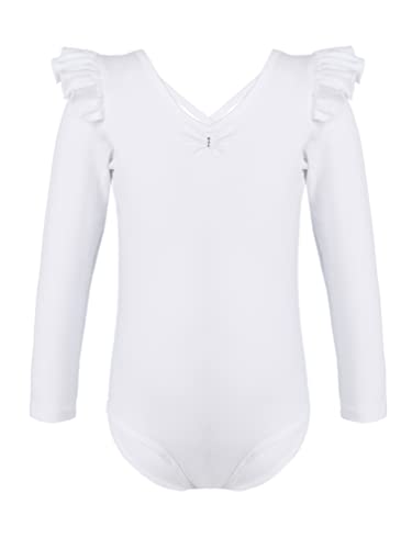 TiaoBug Mädchen Ballettanzug Langarm Ballett Trikot Body mit Rüschen Basic Einfarbig Gymnastikanzug Turnanzug Leotard gr. 98-164 Weiß E 134-140 von TiaoBug