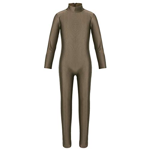 TiaoBug Mädchen Ballettanzug Langarm Ballett Trikot Ganzkörperanzug Kinder Einteiler Jumpsuit Kostüm Overall Elastischer Body Gymnastik Turnanzug Rollkragen Coffee 140-152 von TiaoBug