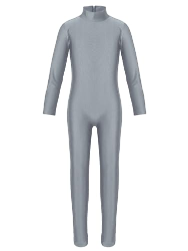 TiaoBug Mädchen Ballettanzug Langarm Ballett Trikot Ganzkörperanzug Kinder Einteiler Jumpsuit Kostüm Overall Elastischer Body Gymnastik Turnanzug Rollkragen Grau 128-140 von TiaoBug