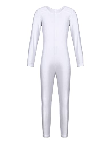 TiaoBug Mädchen Ballettanzug Langarm Ballett Trikot Ganzkörperanzug Kinder Einteiler Jumpsuit Kostüm Overall Elastischer Body Gymnastik Turnanzug Weiß 128-140 von TiaoBug