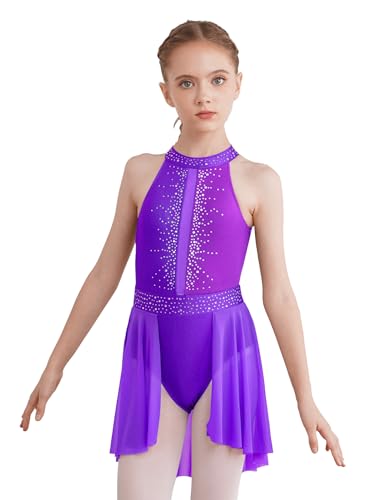 TiaoBug Mädchen Ballettkleid Asymmetrisches Kleid mit Neckholder Strass Ballettanzug Tanzkleid Latein Standards Ballett Trikot Jazz Kostüm Ballettkleidung Violett D 134-140 von TiaoBug