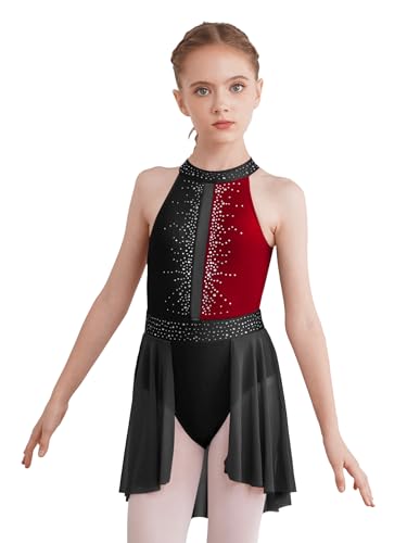 TiaoBug Mädchen Ballettkleid Asymmetrisches Kleid mit Neckholder Strass Ballettanzug Tanzkleid Latein Standards Ballett Trikot Jazz Kostüm Ballettkleidung Schwarz&Weinrot D 134-140 von TiaoBug