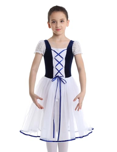 TiaoBug Mädchen Ballettkleid Kurzarm Ballettanzug mit Tüllrock Tutu Kinder Ballettkostüm festlich Prinzessin Kleider Cosplay Verkleidung Outfit gr. 98-152 Marine Blau 134-140 von TiaoBug