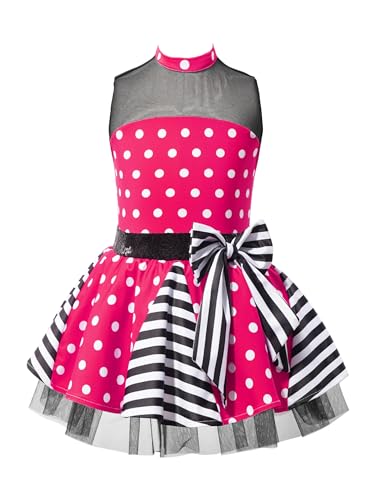 TiaoBug Mädchen Ballettkleid mit Tutu Tütü Tank Top Träger zu binden verstellbar Sport Tanz Ballett Body Trikot Ballettanzug mit Tüllrock Ballettkleidung Kleider für Kinder Hot Pink Polka Dots 122-128 von TiaoBug