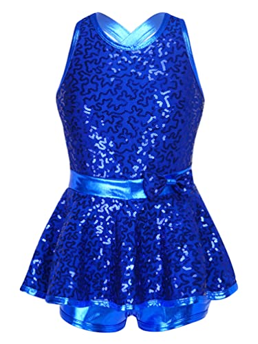 TiaoBug Mädchen Ballettkleider Glänzend Pailletten Ballettanzug Jazz Kleider Ärmellos Rückenfrei Body Ballett Trikot mit Kurze Hose und Rock Tanzkleider Royal Blau 170-176 von TiaoBug