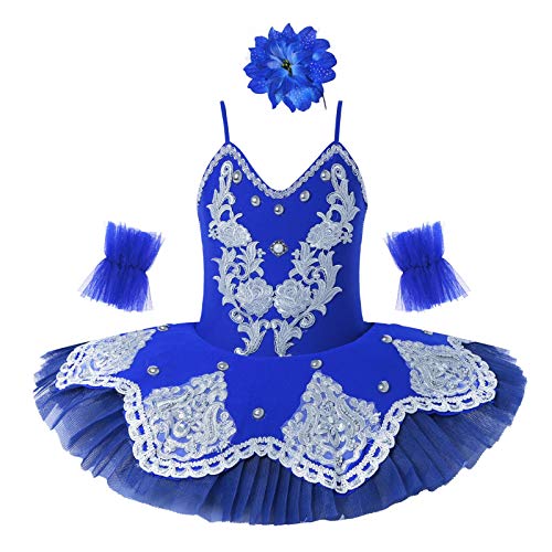 TiaoBug Mädchen Ballettkleidung 3tlg.Set Ballettkleid+Handschuhe+Haarband Kinder Ballettanzug Ballett Trikot Tanz Kostüm Tütü Kleid 104 110 116 122 128 140 152 Dunkelblau Tutu 98-104 von TiaoBug