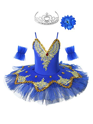 TiaoBug Mädchen Ballettkleidung 3tlg.Set Ballettkleid+Handschuhe+Haarband Kinder Ballettanzug Ballett Trikot Tanz Kostüm Tütü Kleid 104 110 116 122 128 140 152 Dunkelblau mit Krone 122-128 von TiaoBug