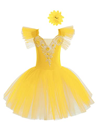 TiaoBug Mädchen Ballettkleidung 3tlg.Set Ballettkleid+Handschuhe+Haarband Kinder Ballettanzug Ballett Trikot Tanz Kostüm Tütü Kleid 104 110 116 122 128 140 152 Gelb M 122-128 von TiaoBug