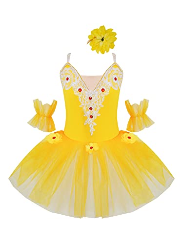 TiaoBug Mädchen Ballettkleidung 3tlg.Set Ballettkleid+Handschuhe+Haarband Kinder Ballettanzug Ballett Trikot Tanz Kostüm Tütü Kleid 104 110 116 122 128 140 152 Gelb N 122-128 von TiaoBug
