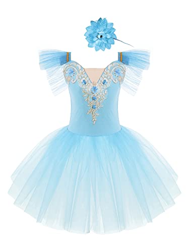 TiaoBug Mädchen Ballettkleidung 3tlg.Set Ballettkleid+Handschuhe+Haarband Kinder Ballettanzug Ballett Trikot Tanz Kostüm Tütü Kleid 104 110 116 122 128 140 152 Hellblau M 122-128 von TiaoBug