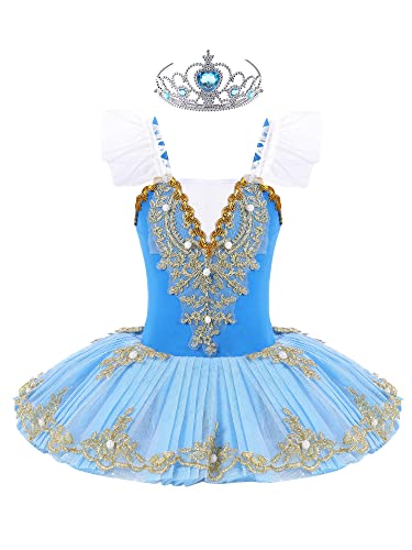 TiaoBug Mädchen Ballettkleidung 3tlg.Set Ballettkleid+Handschuhe+Haarband Kinder Ballettanzug Ballett Trikot Tanz Kostüm Tütü Kleid 104 110 116 122 128 140 152 Himmelblau I 110-116 von TiaoBug