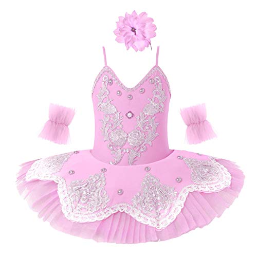 TiaoBug Mädchen Ballettkleidung 3tlg.Set Ballettkleid+Handschuhe+Haarband Kinder Ballettanzug Ballett Trikot Tanz Kostüm Tütü Kleid 104 110 116 122 128 140 152 Pink Tutu 122-128 von TiaoBug