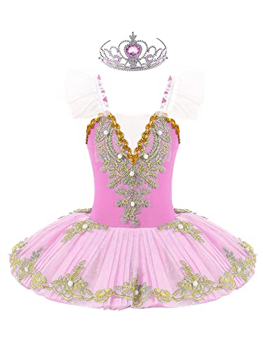 TiaoBug Mädchen Ballettkleidung 3tlg.Set Ballettkleid+Handschuhe+Haarband Kinder Ballettanzug Ballett Trikot Tanz Kostüm Tütü Kleid 104 110 116 122 128 140 152 Rosa I 110-116 von TiaoBug