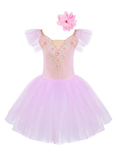 TiaoBug Mädchen Ballettkleidung 3tlg.Set Ballettkleid+Handschuhe+Haarband Kinder Ballettanzug Ballett Trikot Tanz Kostüm Tütü Kleid 104 110 116 122 128 140 152 Rosa M 122-128 von TiaoBug