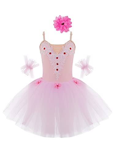 TiaoBug Mädchen Ballettkleidung 3tlg.Set Ballettkleid+Handschuhe+Haarband Kinder Ballettanzug Ballett Trikot Tanz Kostüm Tütü Kleid 104 110 116 122 128 140 152 Rosa N 110-116 von TiaoBug