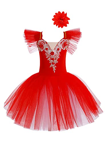 TiaoBug Mädchen Ballettkleidung 3tlg.Set Ballettkleid+Handschuhe+Haarband Kinder Ballettanzug Ballett Trikot Tanz Kostüm Tütü Kleid 104 110 116 122 128 140 152 Rot M 122-128 von TiaoBug