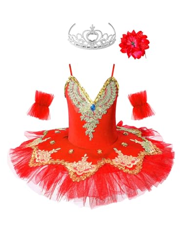 TiaoBug Mädchen Ballettkleidung 3tlg.Set Ballettkleid+Handschuhe+Haarband Kinder Ballettanzug Ballett Trikot Tanz Kostüm Tütü Kleid 104 110 116 122 128 140 152 Rot mit Krone 134-140 von TiaoBug