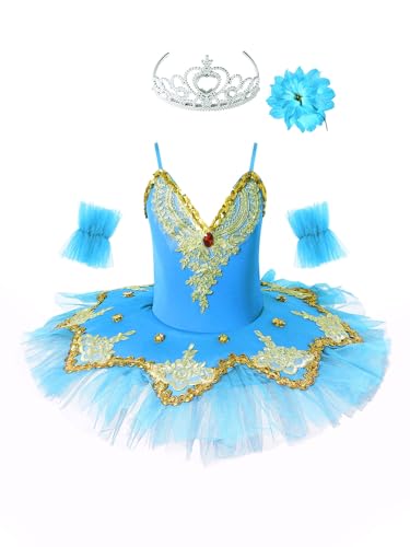 TiaoBug Mädchen Ballettkleidung 3tlg.Set Ballettkleid+Handschuhe+Haarband Kinder Ballettanzug Ballett Trikot Tanz Kostüm Tütü Kleid 104 110 116 122 128 140 152 Türkis mit Krone 110-116 von TiaoBug