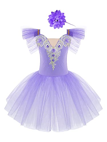 TiaoBug Mädchen Ballettkleidung 3tlg.Set Ballettkleid+Handschuhe+Haarband Kinder Ballettanzug Ballett Trikot Tanz Kostüm Tütü Kleid 104 110 116 122 128 140 152 Violett M 98-104 von TiaoBug