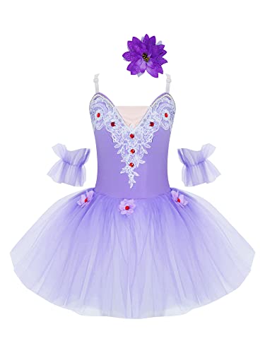 TiaoBug Mädchen Ballettkleidung 3tlg.Set Ballettkleid+Handschuhe+Haarband Kinder Ballettanzug Ballett Trikot Tanz Kostüm Tütü Kleid 104 110 116 122 128 140 152 Violett N 110-116 von TiaoBug