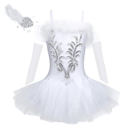 TiaoBug Mädchen Ballettkleidung 3tlg.Set Ballettkleid+Handschuhe+Haarband Kinder Ballettanzug Ballett Trikot Tanz Kostüm Tütü Kleid 104 110 116 122 128 140 152 Weiß 140-152 von TiaoBug