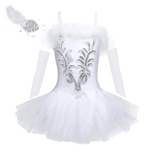 TiaoBug Mädchen Ballettkleidung 3tlg.Set Ballettkleid+Handschuhe+Haarband Kinder Ballettanzug Ballett Trikot Tanz Kostüm Tütü Kleid 104 110 116 122 128 140 152 Weiß 158-164 von TiaoBug