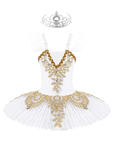 TiaoBug Mädchen Ballettkleidung 3tlg.Set Ballettkleid+Handschuhe+Haarband Kinder Ballettanzug Ballett Trikot Tanz Kostüm Tütü Kleid 104 110 116 122 128 140 152 Weiß I 146-152 von TiaoBug